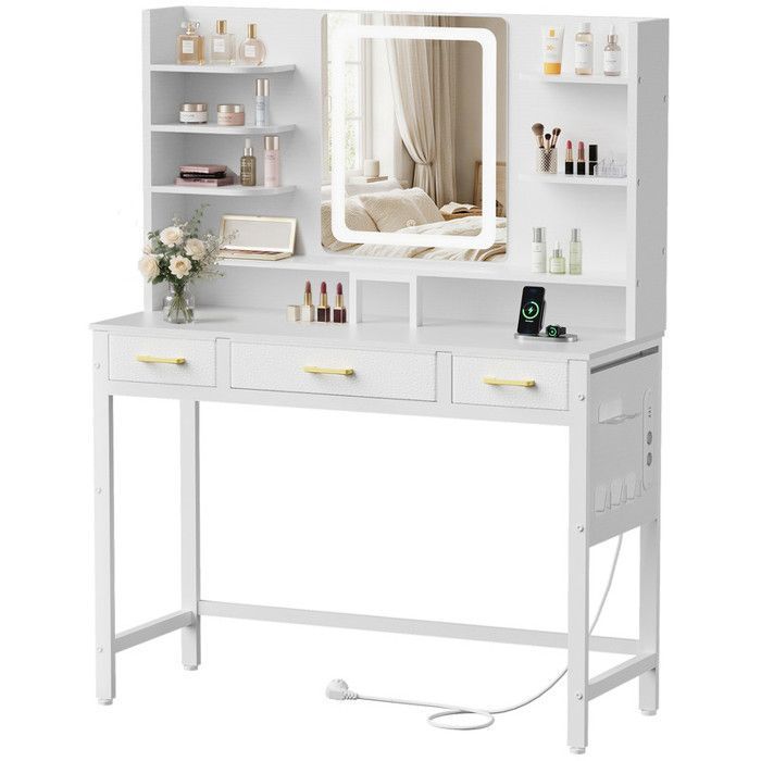 EcoFurnix Coiffeuse avec Miroir LED Luminosité Réglable Table de Maquillage avec Prise & Ports USB 3 Tiroirs en Tissu Blanc