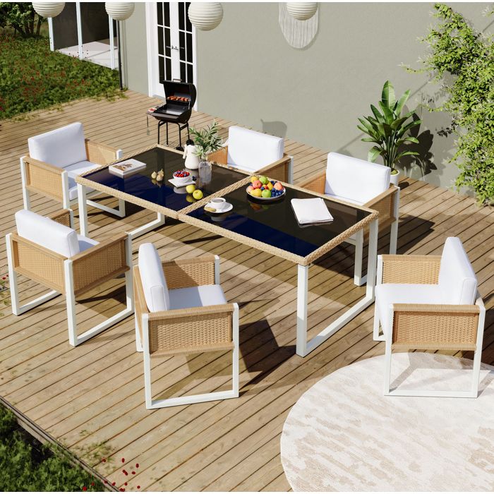salon de jardin 6 personnes en résine tressée table verre trempé 170x80 cm coussins déhoussables