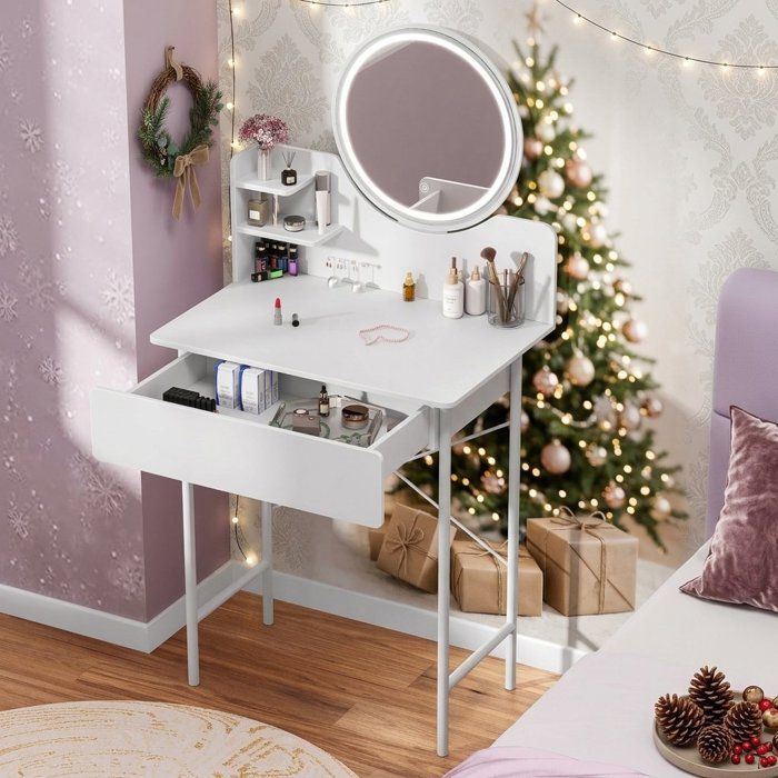 Coiffeuse - WILITTO - Table de Maquillage -  LED avec 3 Modes déclairage - 1 tiroir et 2 étagères Ouvertes - 60x40x126cm
