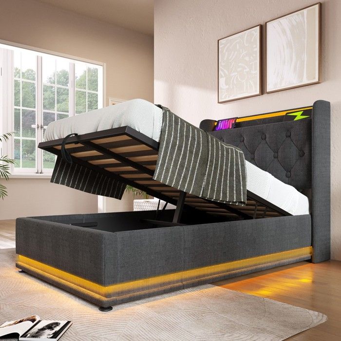 Lit capitonné - Zephmum - 90x200 LED 360° APP télécommande USB-C hydraulique lin gris sans matelas