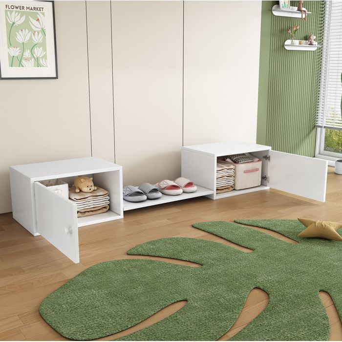 Meuble à chaussures banc blanc 2 portes 189 x 40 x 34 5 cm en pin et MDF avec espace ouvert central