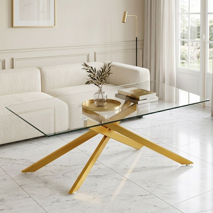 Table Basse Verre - Table Basse Salon Transparente- Plateau Rectangulaire-Pieds Tubulaires en Métal-Design Moderne-100x60x46cm-Doré