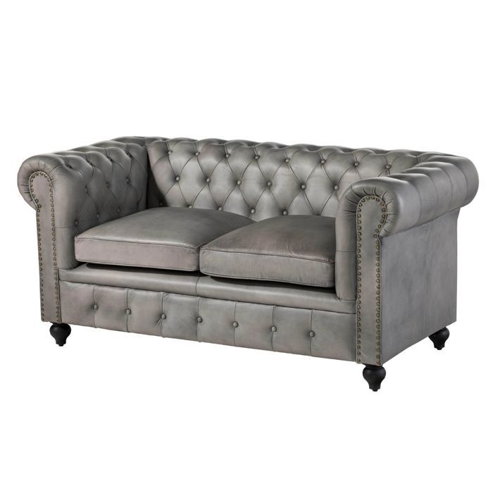 Canapé 2 places gris 158x82x75 cm (BxTxH) cuir véritable (buffle) CHESTERFIELD #202 MASSIVMOEBEL24 Canapé 2 places gris 158x82x75 cm (BxTxH) cuir véritable (buffle) CHESTERFIELD #202 MASSIVMOEBEL24