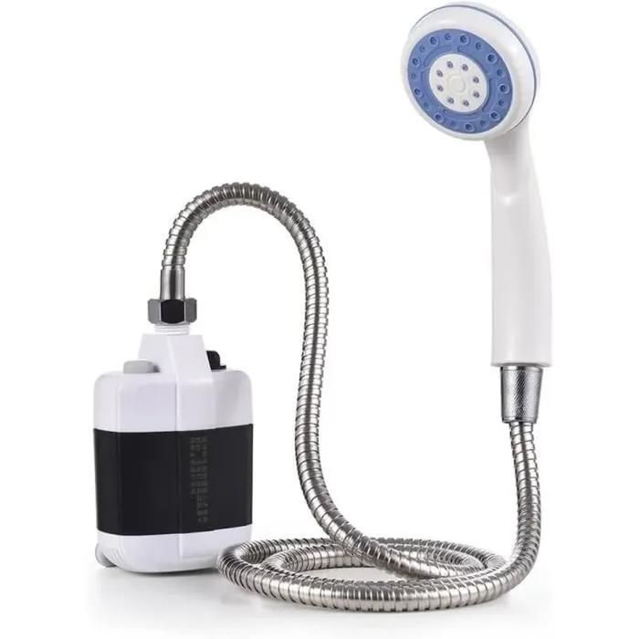 Douche portable USB A148 — pompe de douche de camping rechargeable avec tuyau compacte blanche