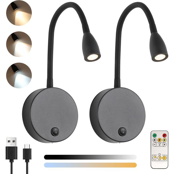 Wireless Dimmable Wall Reading Lamp with Remote Control Battery 2W LED Bedside Lamp Adjustable USB Rechargeable
