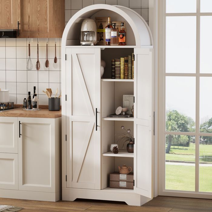 Vitrine haute arquée avec portes et étagères réglables style campagne moderne salon en MDF Blanc 70×35×170 cm