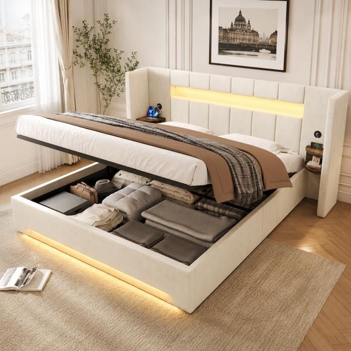 Lit coffre - SOGEU - 160 x 200 - tête de lit large - 2x USB & LED - mécanisme hydraulique