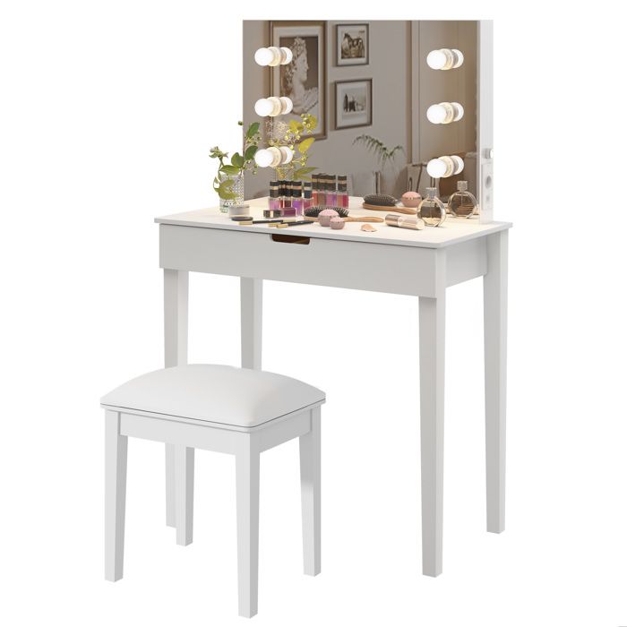 Coiffeuse blanche avec miroir tabouret 6 LED 2 tiroirs prises USB et Type-C