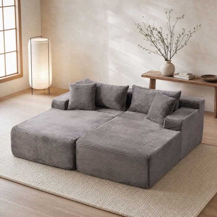 MEULVA Canapé modulable compressé 2 places en Chenille gris avec coussins livré monté chaise longue