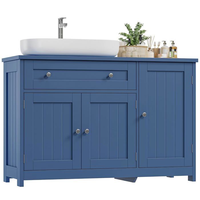 Meuble sous Lavabo 90 cm Bleu en Bois avec Tiroir - Meuble de Salle de Bain Moderne et Rangement Pratique - Idéal pour Vasque
