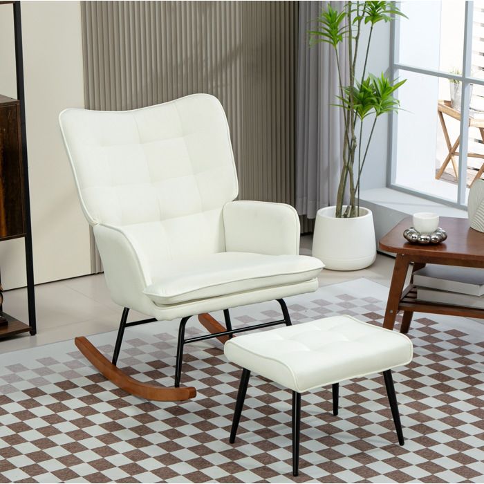 ROVRYN Fauteuil à bascule avec repose-pieds dossier haut polyester aspect lin blanc crème