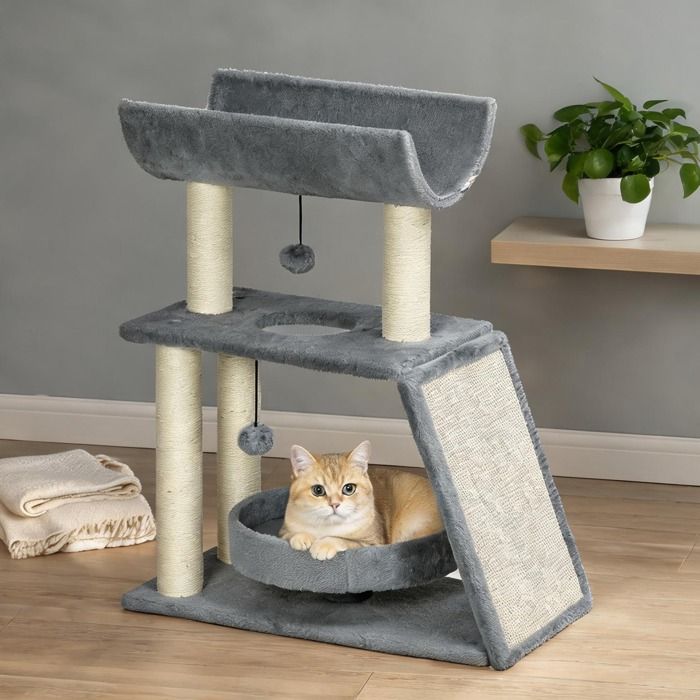 Arbre à chat 60 x 30 x 76 cm pour adulte panneau de particules et peluche avec lit et jouets Arbre à chat 60 x 30 x 76 cm pour adulte panneau de particules et peluche avec lit et jouets