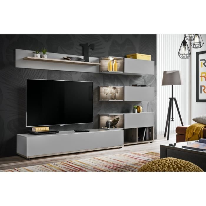 meuble tv - ensemble meuble tv mural silk - l 180 x p 38 x 140 cm - gris