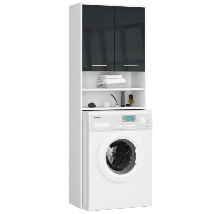 Colonne de salle de bain AKORD FIN blanche 64 cm - 2 portes graphite brillant - 4 étagères