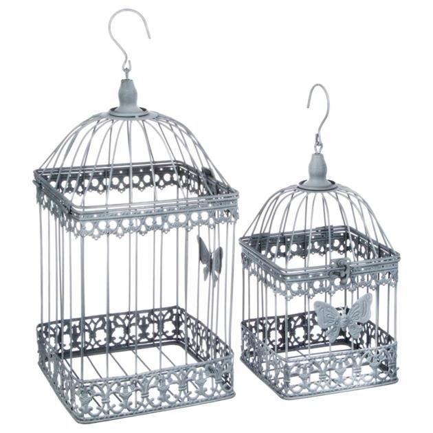 Lot De 2 Cages à Oiseaux Décoratives Style Fer Forgé Gris Patiné Gris