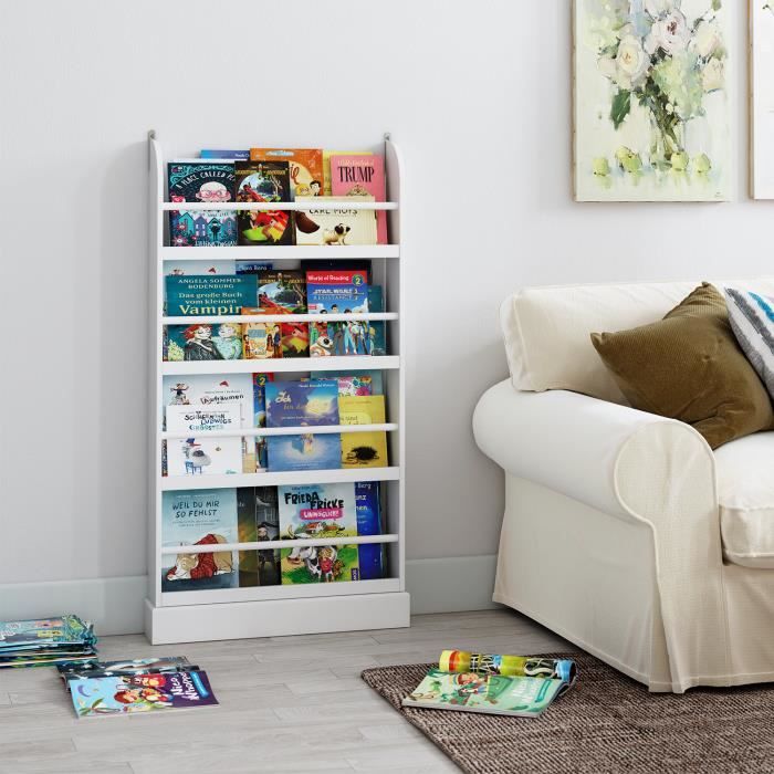Bibliothèque Enfant Étagère Murale pour Chambre d’Enfant 4 étagères 58x12x110cm Blanc