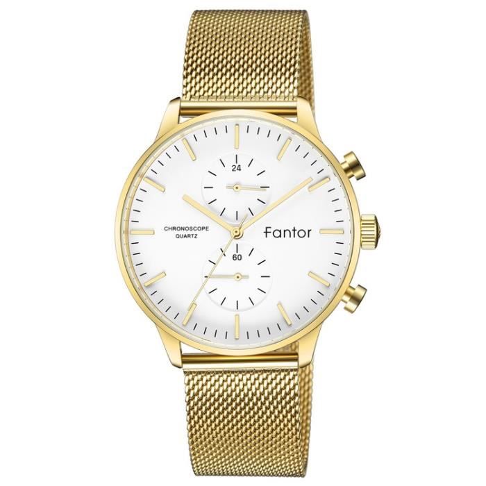 Montre Chronographe Homme Squelette - Boîtier Doré Acier - Cadran Blanc - Étanche 30m - Quartz - Neuf Avec étiquettes