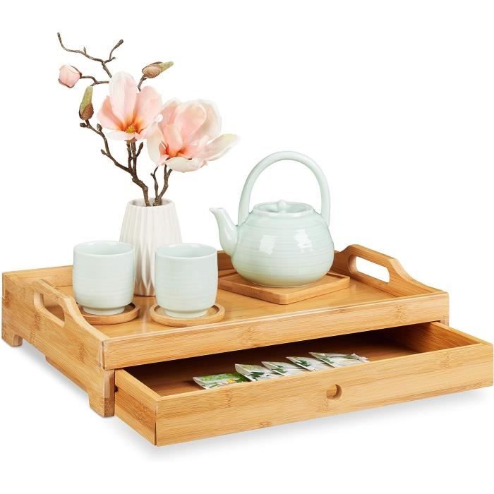 Plateau De Service En Bambou Naturel Relaxdays – 50 X 30 Cm Avec Poignées Et Bord Surélevé