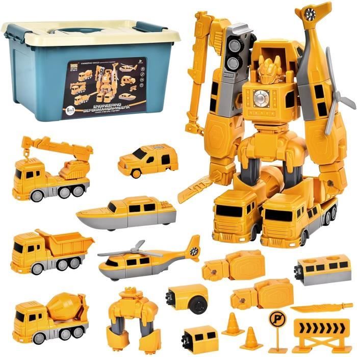 Transformable Magnétique Véhicules de Chantier Jouets Enfants Voiture Robot Transformable avec boîte de Rangement Cadeaux