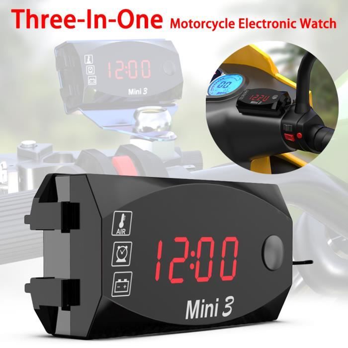 3 in 1 Numérique Horloge Moto Thermomètre Voltmetre Guidon Mount IP67 Étanche Montre Moto avec Affichage Grand Écran, 12v