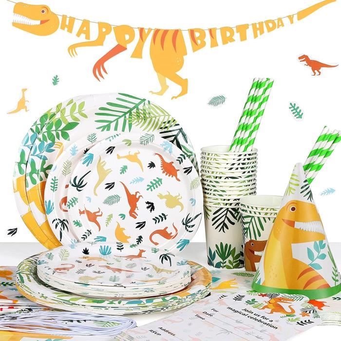 Dinosaure Decoration Vaisselle Anniversaire Garçons (25 Invités) Assiette Carton Gobelet Paille
