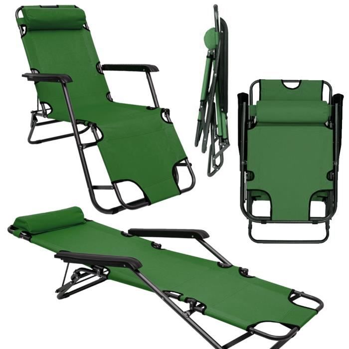 chaise longue inclinable et pliante | transat de jardin 153 cm + appuie-tête amovible + repose-jambes et dossier inclinables | vert