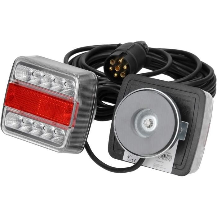 Feux Arrière Remorque LED Avec Aimants - 12V, Câble 7.5m, Prise 7 Broches - Blanc/Rouge