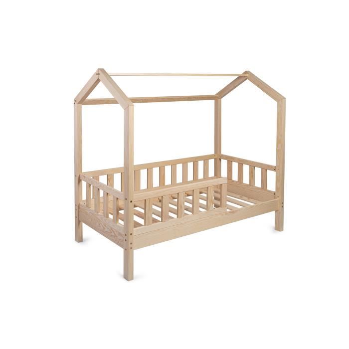 lit cabane en bois pour enfant avec sommier et barrière 90 cm x 180 cm - solide et robuste