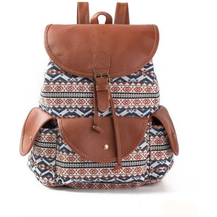 Sac Dos Femme Vintage Toile Cuir Fleur Floral Exotique Boheme