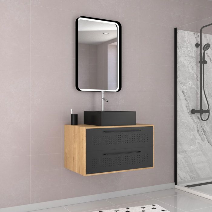 Meuble de salle de bain caisson 2 tiroirs + vasque carrée + Miroir LED - UBY 80cm