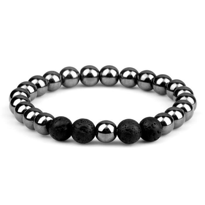Bracelet Homme Pierre Naturelle Onyx Et Hématite, Acier Inoxydable, Pierre Gemme Semi Précieuse, Bracelet Unisexe