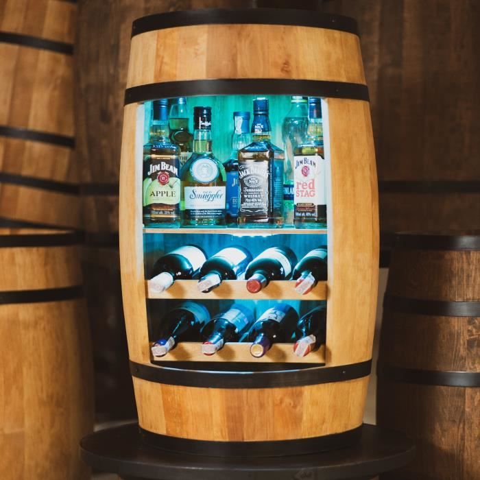 Creative Cooper Tonneau en bois LED avec étagère et casier à vin Meuble Rangement Bouteille Alcool Bar de jardin 80cm Chêne