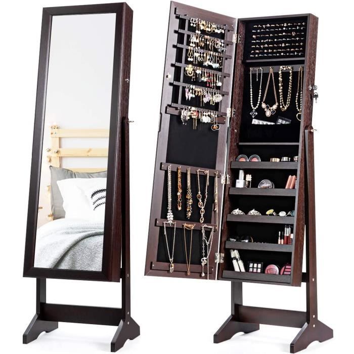 goplus armoire à bijoux avec miroir sur pied,41x36,5x146cm,inclinable réglable sur 4 positions avec serrure à clé,marron