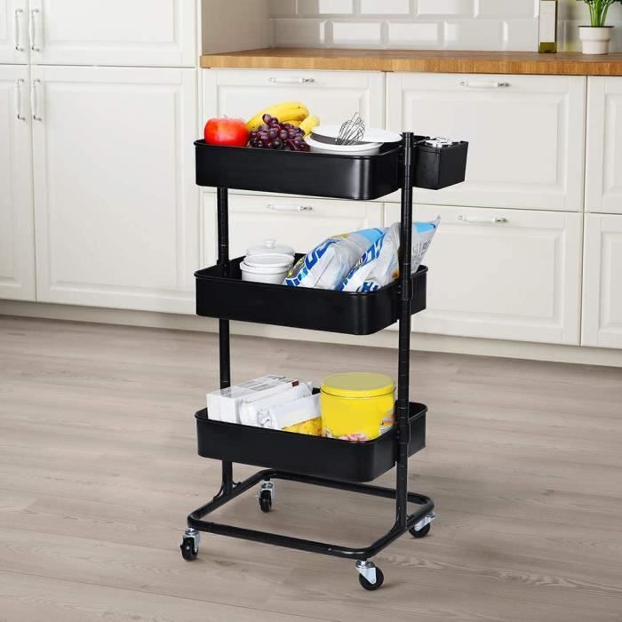 Chariot Roulant De Stockage 3 Niveaux - Chariot Utilitaire à Roulettes Pour Cuisine, Bureau Et Rangement