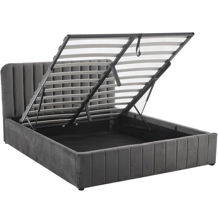 Lit coffre adulte 140x190 cm avec tête de lit capitonnée en velours gris - Ava Lit coffre adulte 140x190 cm avec tête de lit capitonnée en velours gris - Ava