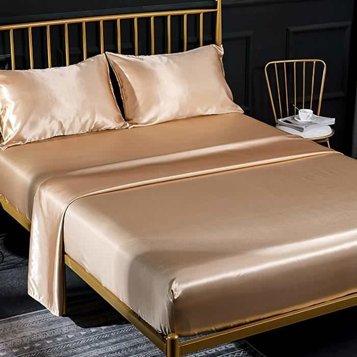 Parure de draps satin - JEMIIPEE - 180x200x35 cm - Grand bonnet 35 cm - Khaki - Drap plat 250x260 cm
