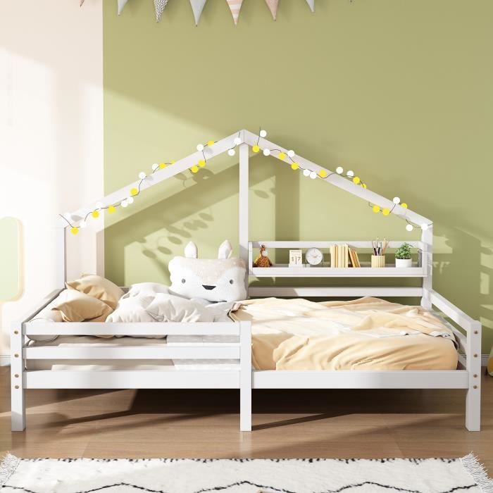 Merax Lit cabane en bois 90x200cm pour enfant avec étagère de rangement, sommier à lattes inlcus, barrières de sécurité, blanc