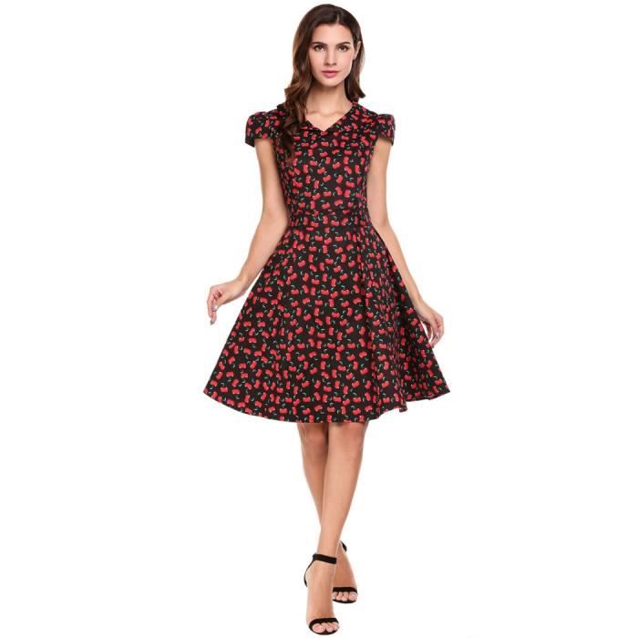 Robe Cocktail Vintage Années 50 - Col V Festonné, Jupe Pois, Ceinture Taille Haute - Taille Unique à Vérifier
