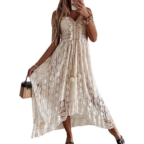 Robe Longue Femme été Sans Manches - Coupe Ample Fluide Style Bohème - Bretelles Spaghetti, Longueur Maxi - Idéale Plage, Vacances, Quotidien Décontracté