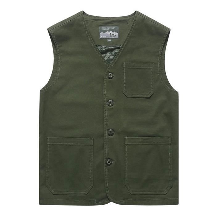 Gilet Sans Manches Multi-poches Reporter Taille 4XL Vert Kaki - Coton, Style Militaire, Neuf Avec étiquettes