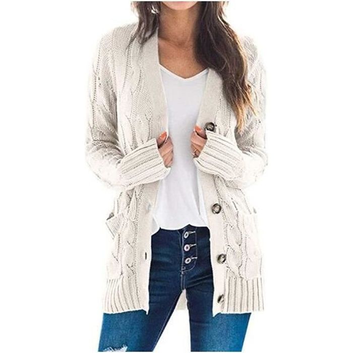 Cardigan Femme Manches Longues avec Poches en Maille Beige Tricot Gilets Longs Chaud