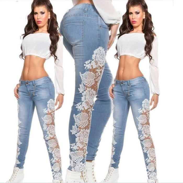 Jeans Femme Dentelle Evider Floral Appliques Skinny White