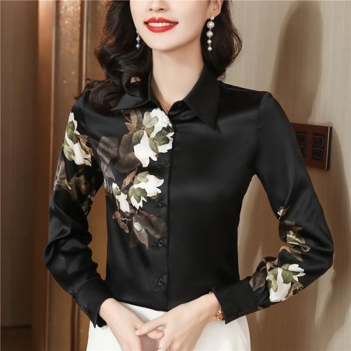Chemise Chemisier imprime a manches longues pour femme haut elegant printemps automne 2023 Black F8816 Blanc Cdiscount Pret a Porter