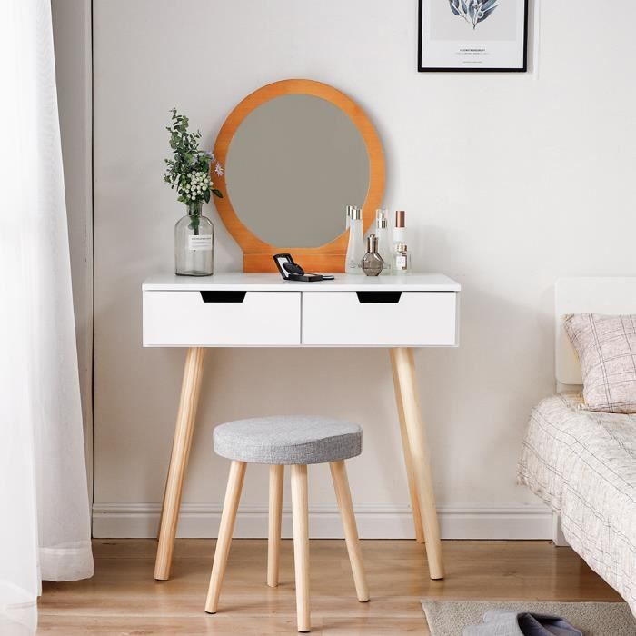 Belles Coiffeuse Table De Maquillage Commode Avec Miroir Et 2 Tiroirs 1 Tabouret Blanc Couleur De Bois Cdiscount Maison