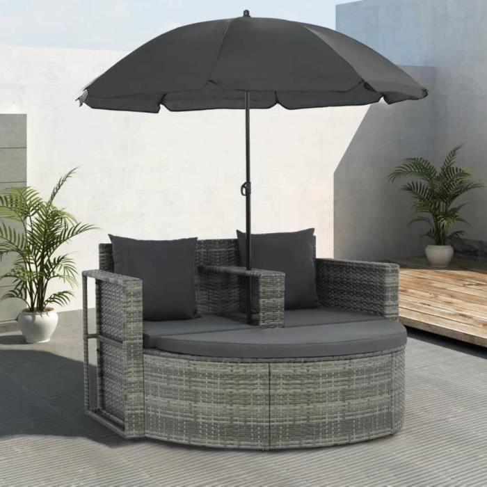 Canape D Exterieur A 2 Places Avec Parasol Resine Tressee Gris