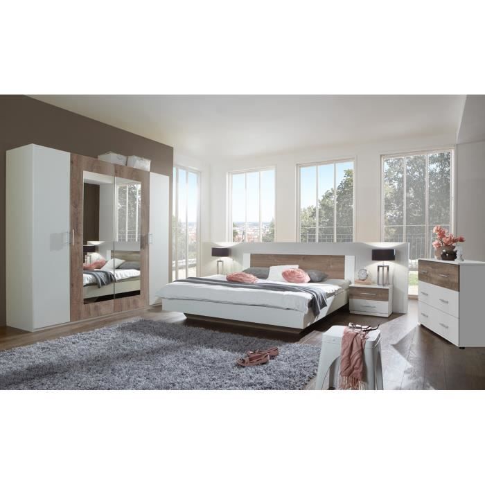 Chambre à coucher complète adulte (lit 160x200cm + 2 chevets + armoire +  commode) coloris blanc- chêne foncé - Cdiscount Maison