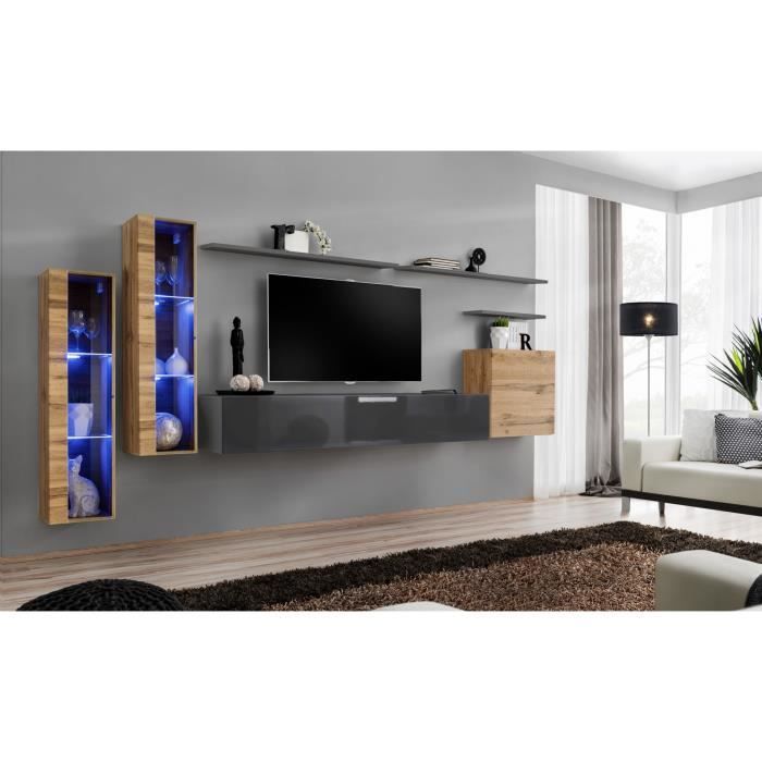 ensemble meuble salon mural switch xi design, coloris gris brillant et chêne wotan. 40 gris