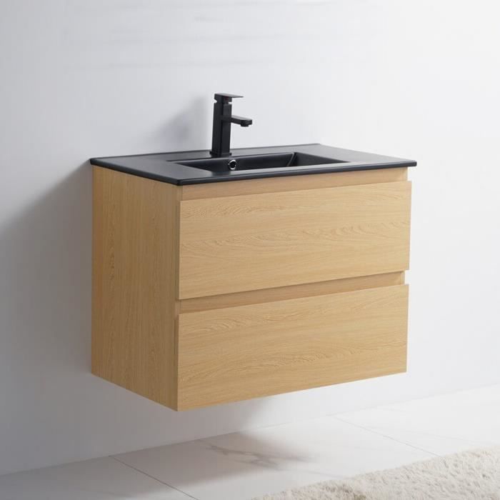 Meuble De Salle De Bain 2 Tiroirs Chene Clair Vasque Ceramique