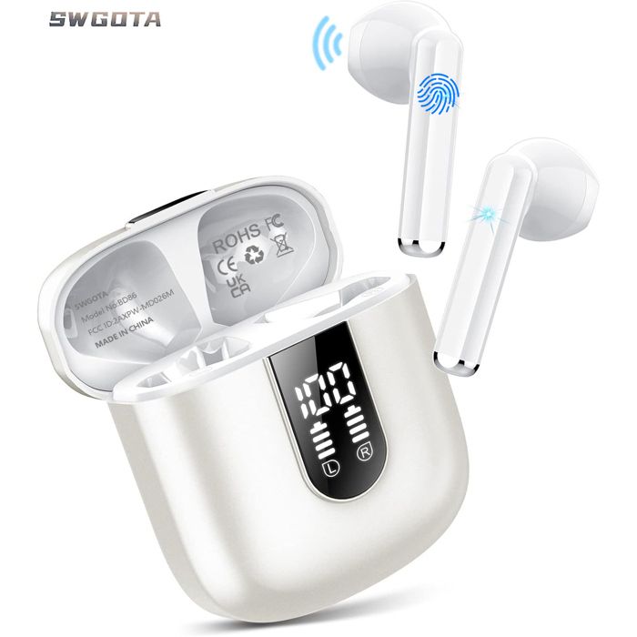 SWGOTA Ecouteurs Bluetooth Sans Fil 5.3, HiFi Stéréo avec ENC Mic, 30H Contrôle Tactile, Oreillette Bluetooth Sport Étanche IP7