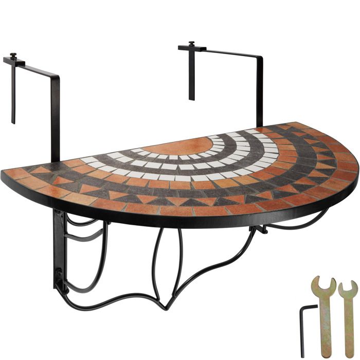 TECTAKE Table de Jardin Table de Balcon Pliante Suspendue en Mosaïque 76 cm x 65 cm x 575 cm - Terracotta/Blanc